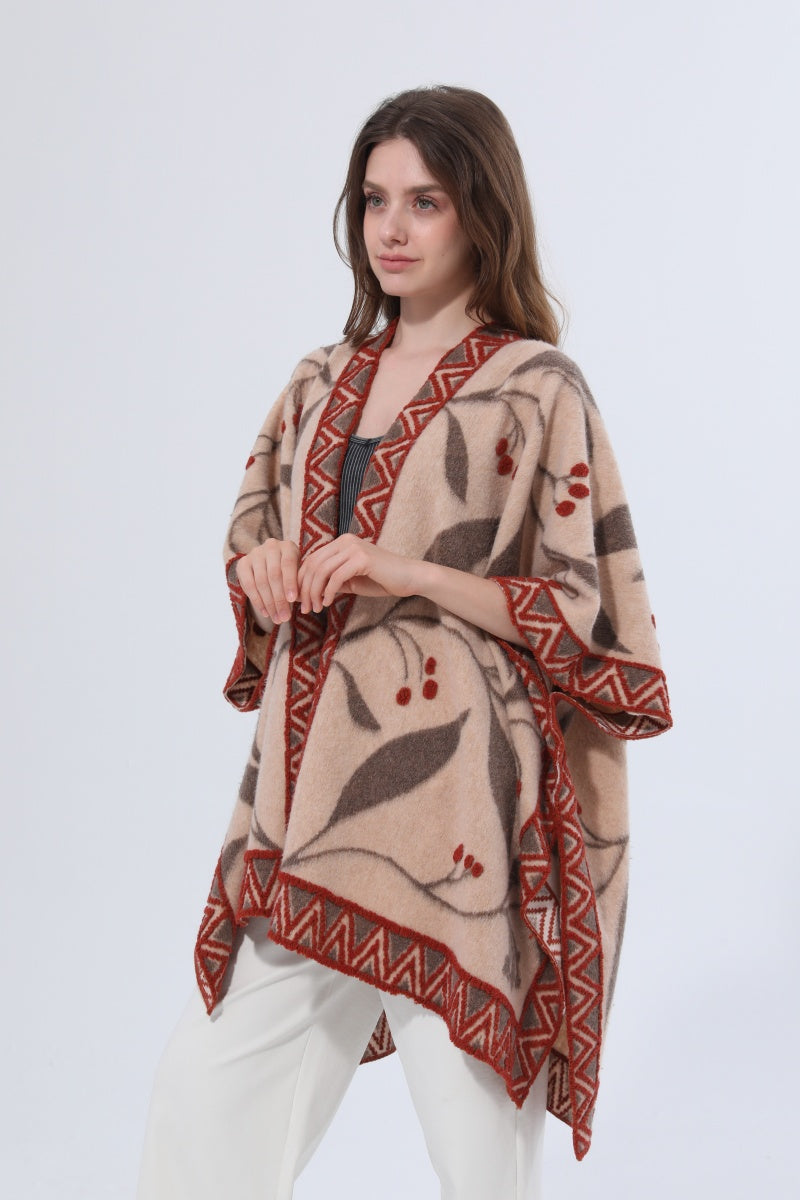 Women Vintage Jacquard Knit Poncho Shawl Cape Leto Collection