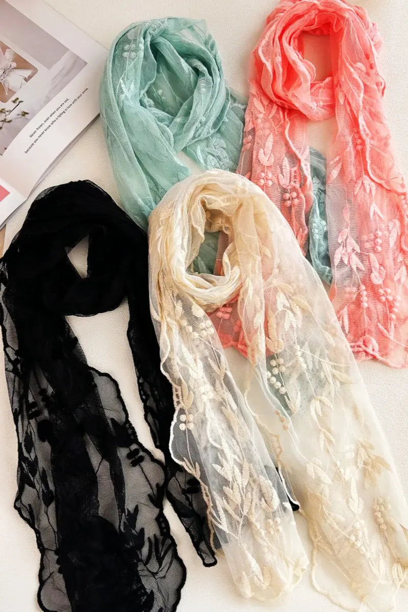 Delicate Mesh Embroidered Oblong Scarf – Sheer &amp; Airy Lightweight Wrap 🌬️ Leto Collection