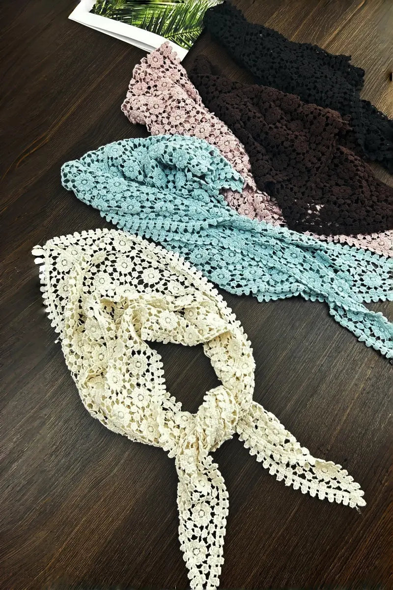 Boho Crochet Lace Head Scarf – Lightweight Floral Knit Headband