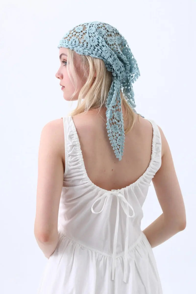 Boho Crochet Lace Head Scarf – Lightweight Floral Knit Headband