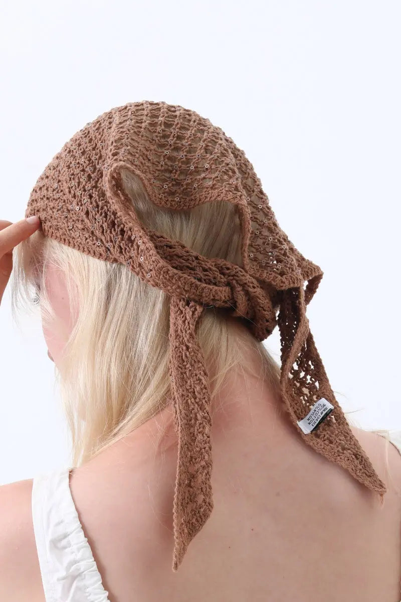 Boho Sequin Knit Crochet Head Wrap – Lightweight Sparkly Kerchief