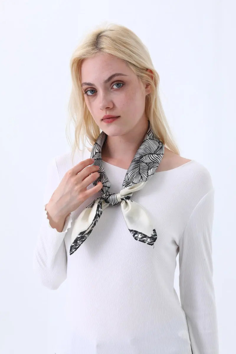 Women's Elegant Square Scarf with Abstract Leaf Print &amp; Houndstooth Trim