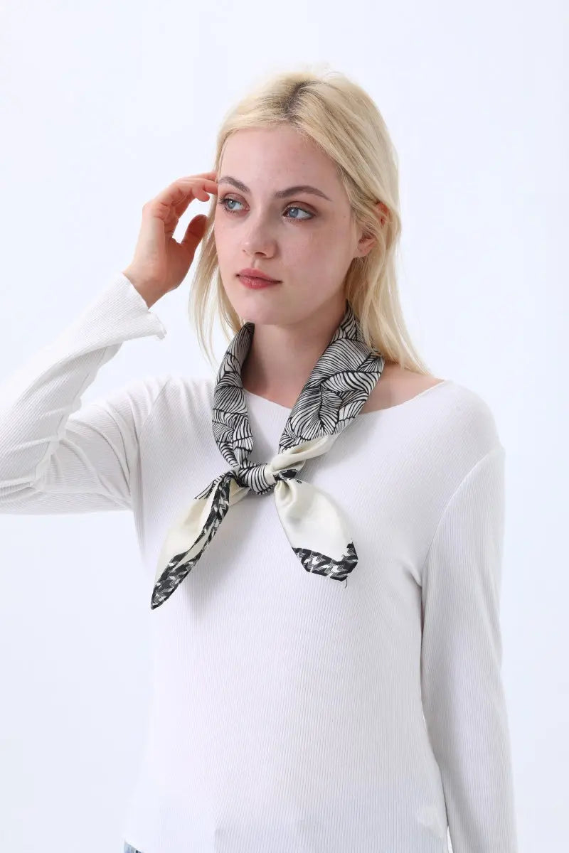 Women's Elegant Square Scarf with Abstract Leaf Print &amp; Houndstooth Trim