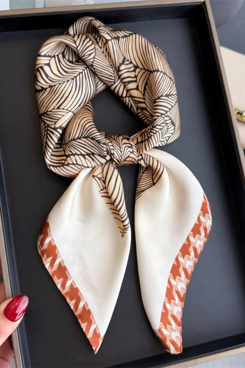 Women's Elegant Square Scarf with Abstract Leaf Print &amp; Houndstooth Trim