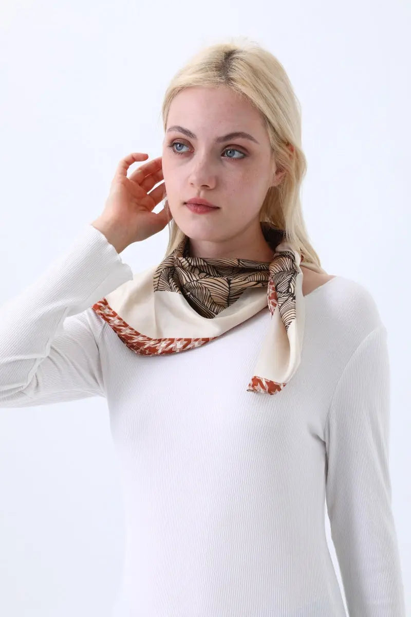 Women's Elegant Square Scarf with Abstract Leaf Print &amp; Houndstooth Trim
