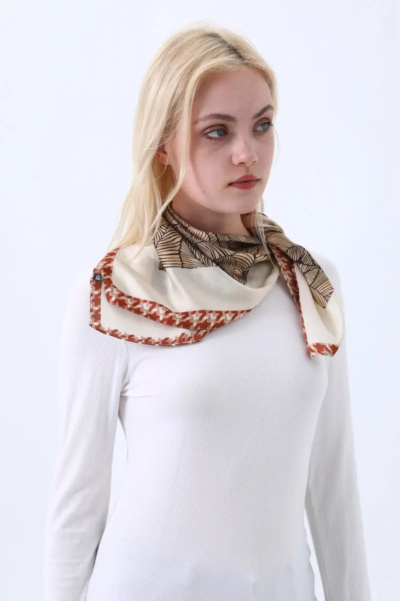 Women's Elegant Square Scarf with Abstract Leaf Print &amp; Houndstooth Trim