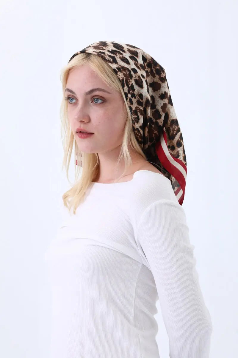 Retro Leopard Print Satin Square Scarf – Lightweight for Head or Neck Wear