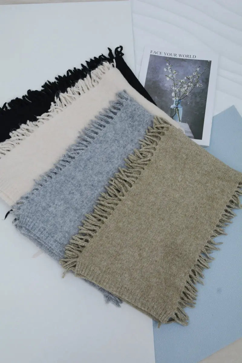 Women Solid Color Fringe Knit Scarf Soft Warm Plain Tassel Winter Wrap 🧣🤎 Leto Collection