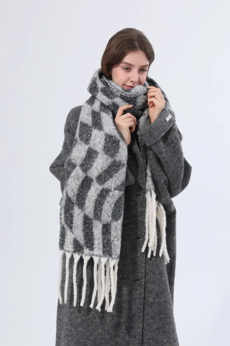 Women Abstract Diamond Check Tassel Scarf Soft Thick Winter Wrap Shawl 🧣✨ Leto Collection
