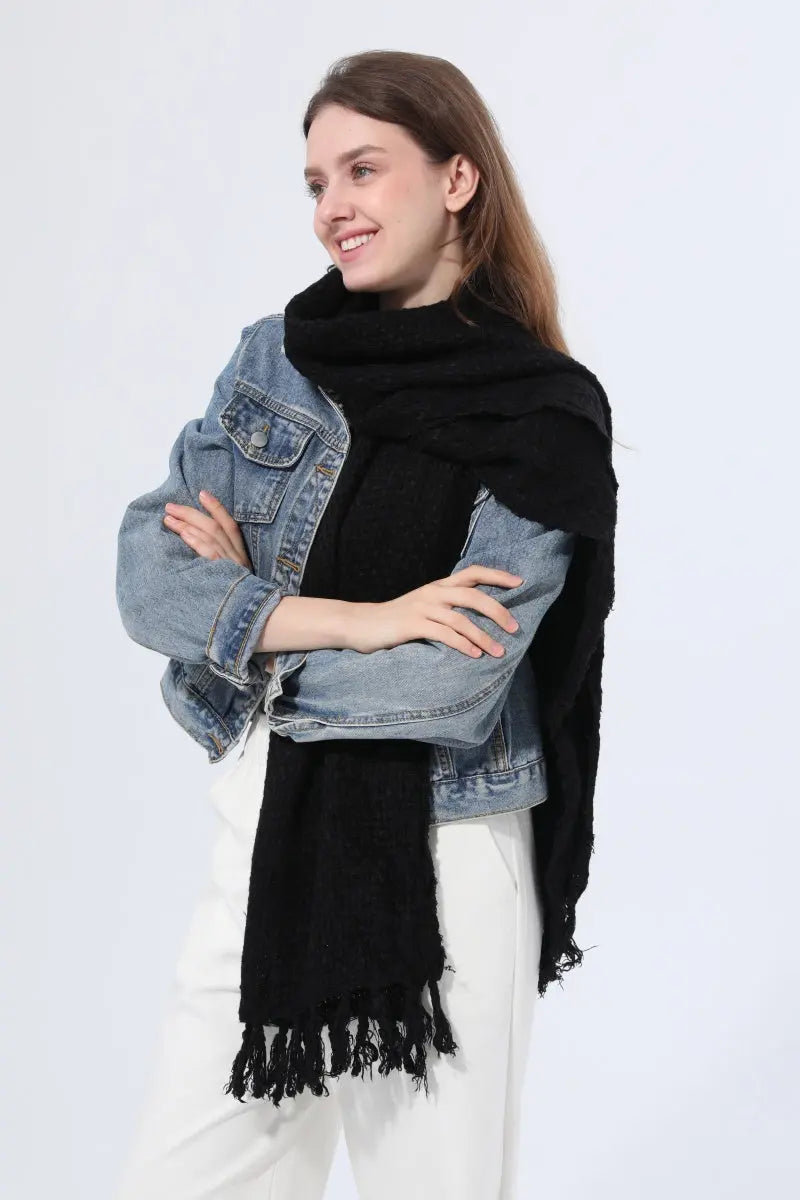 Women Solid Waffle Knit Fringe Scarf Soft Shawl Wrap 🧶🍂 Leto Collection