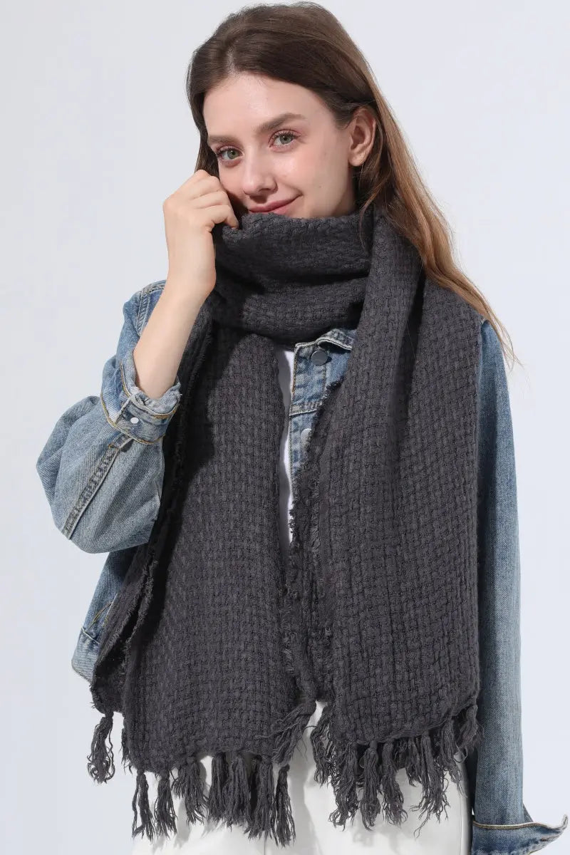 Women Solid Waffle Knit Fringe Scarf Soft Shawl Wrap 🧶🍂 Leto Collection