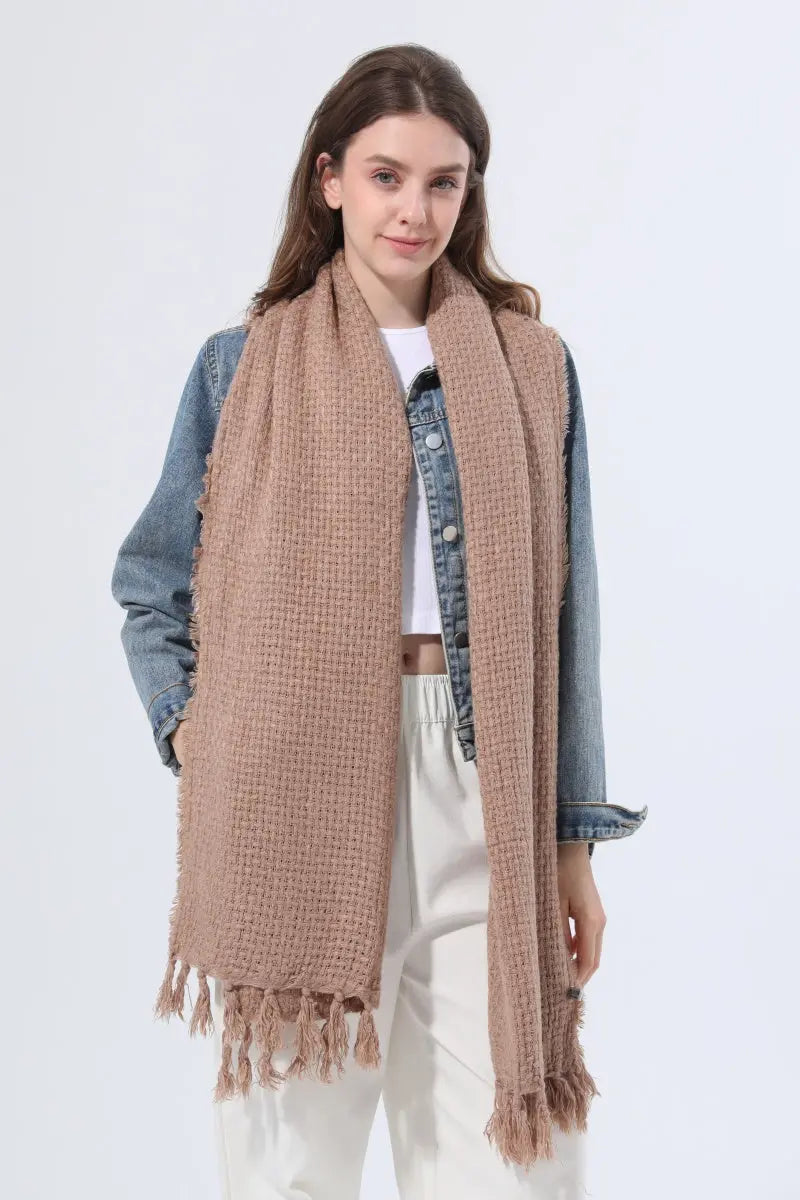 Women Solid Waffle Knit Fringe Scarf Soft Shawl Wrap 🧶🍂 Leto Collection