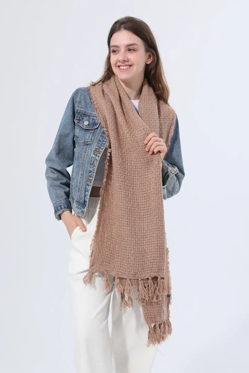 Women Solid Waffle Knit Fringe Scarf Soft Shawl Wrap 🧶🍂 Leto Collection