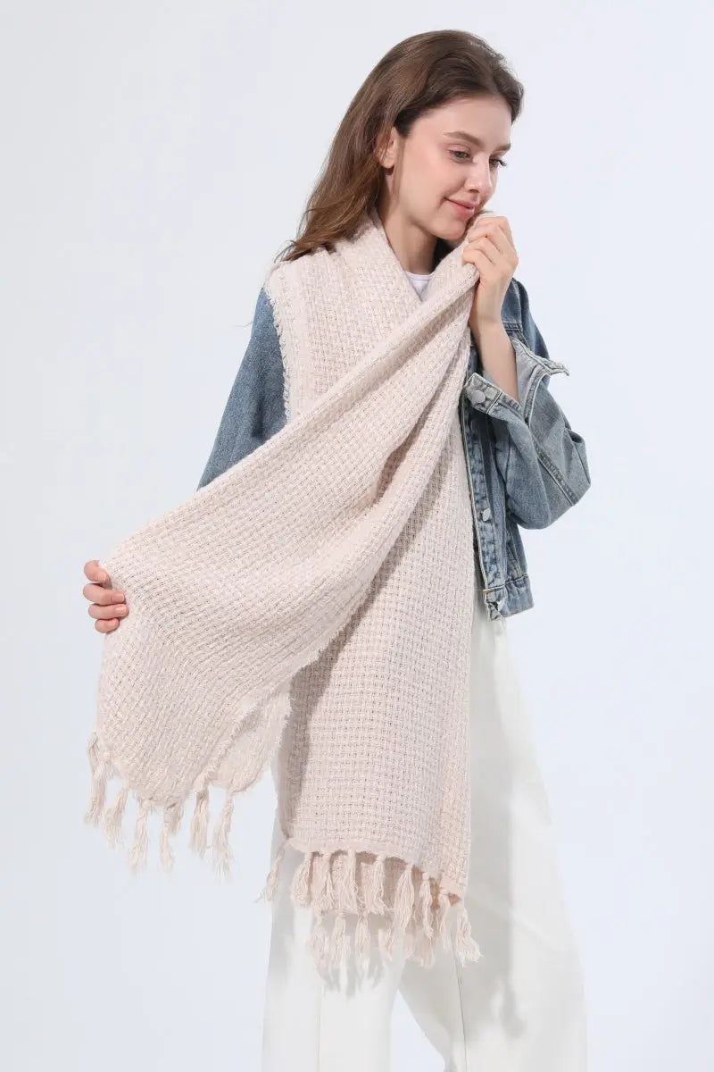 Women Solid Waffle Knit Fringe Scarf Soft Shawl Wrap 🧶🍂 Leto Collection