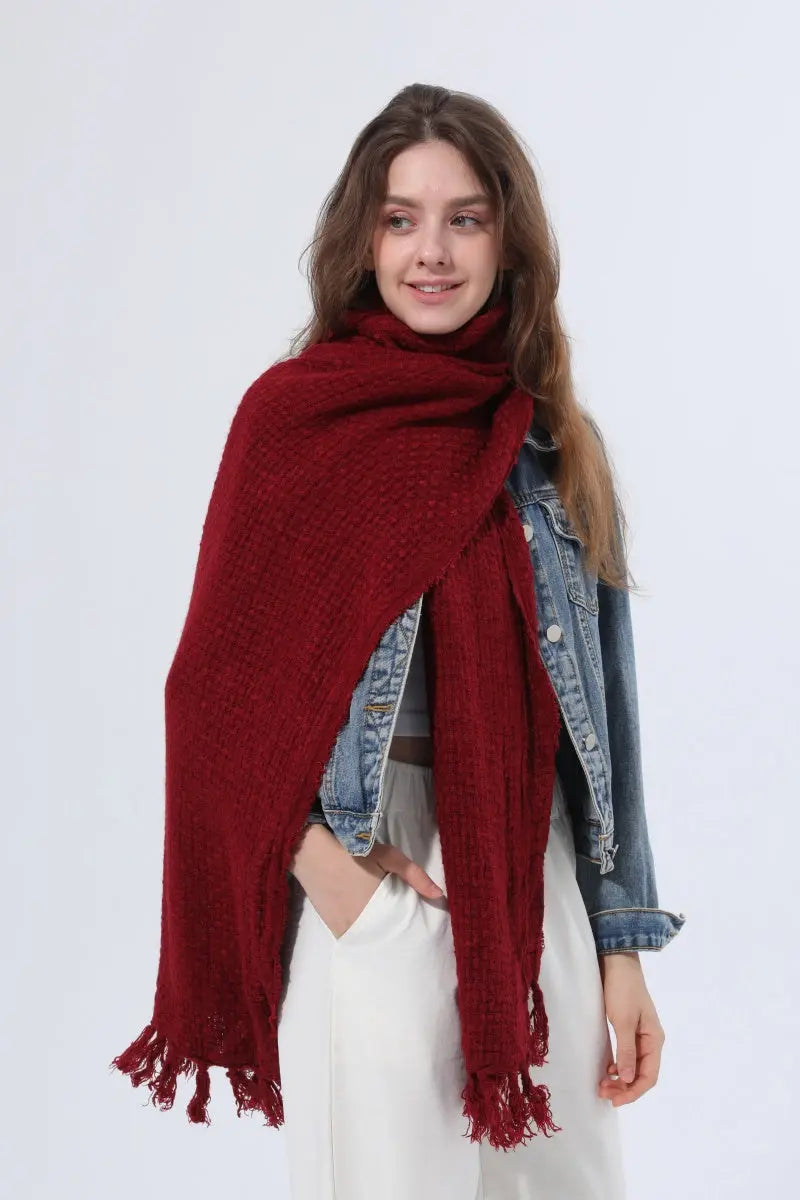 Women Solid Waffle Knit Fringe Scarf Soft Shawl Wrap 🧶🍂 Leto Collection