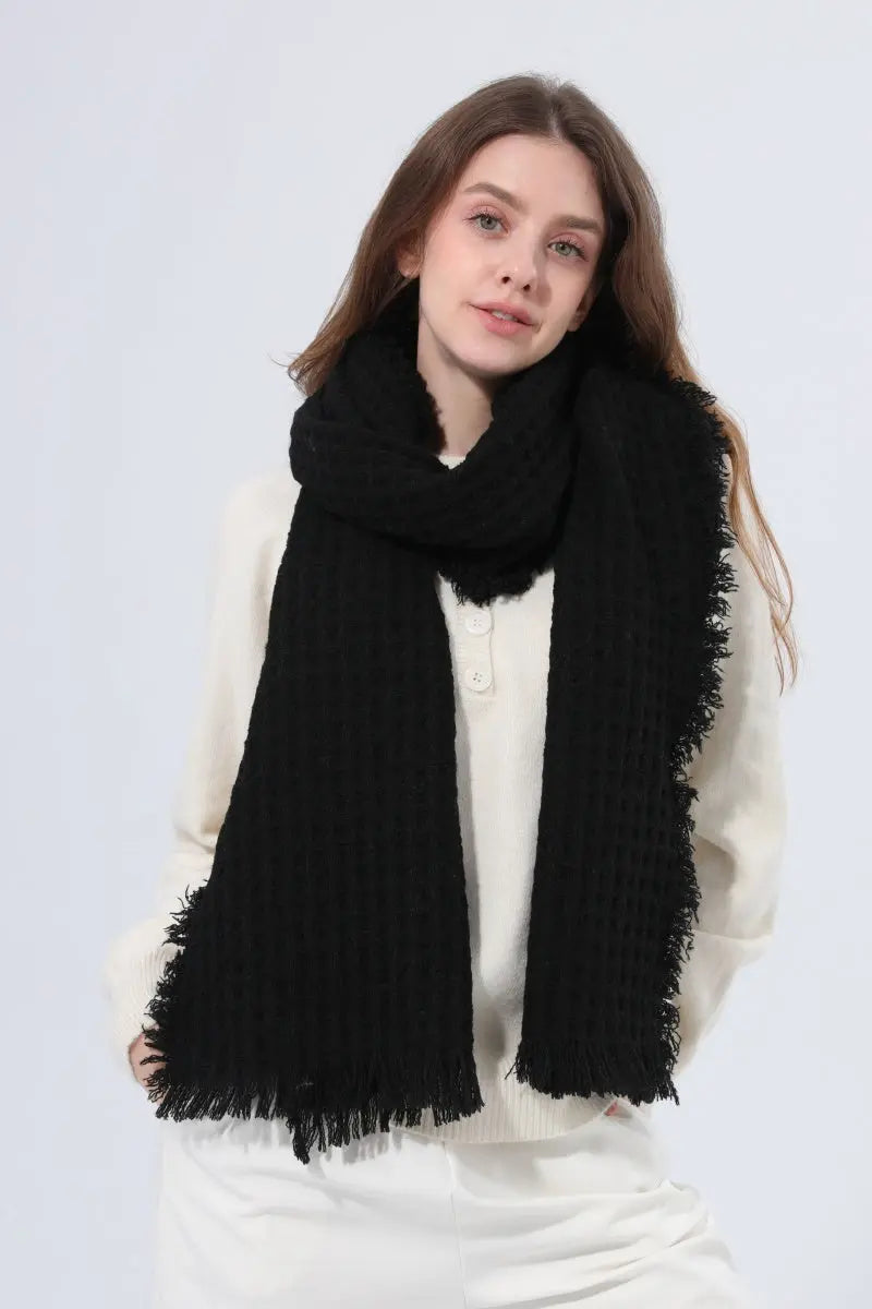 Women Waffle Knit Scarf Soft Fringe Solid Winter Shawl 🧶🤎 Leto Collection