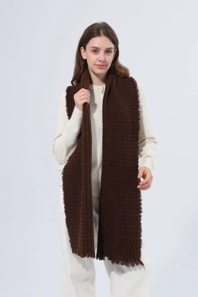 Women Waffle Knit Scarf Soft Fringe Solid Winter Shawl 🧶🤎 Leto Collection