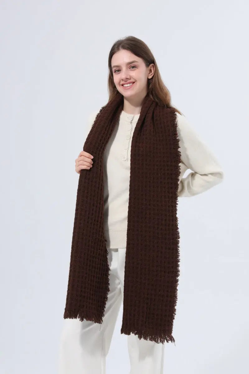 Women Waffle Knit Scarf Soft Fringe Solid Winter Shawl 🧶🤎 Leto Collection