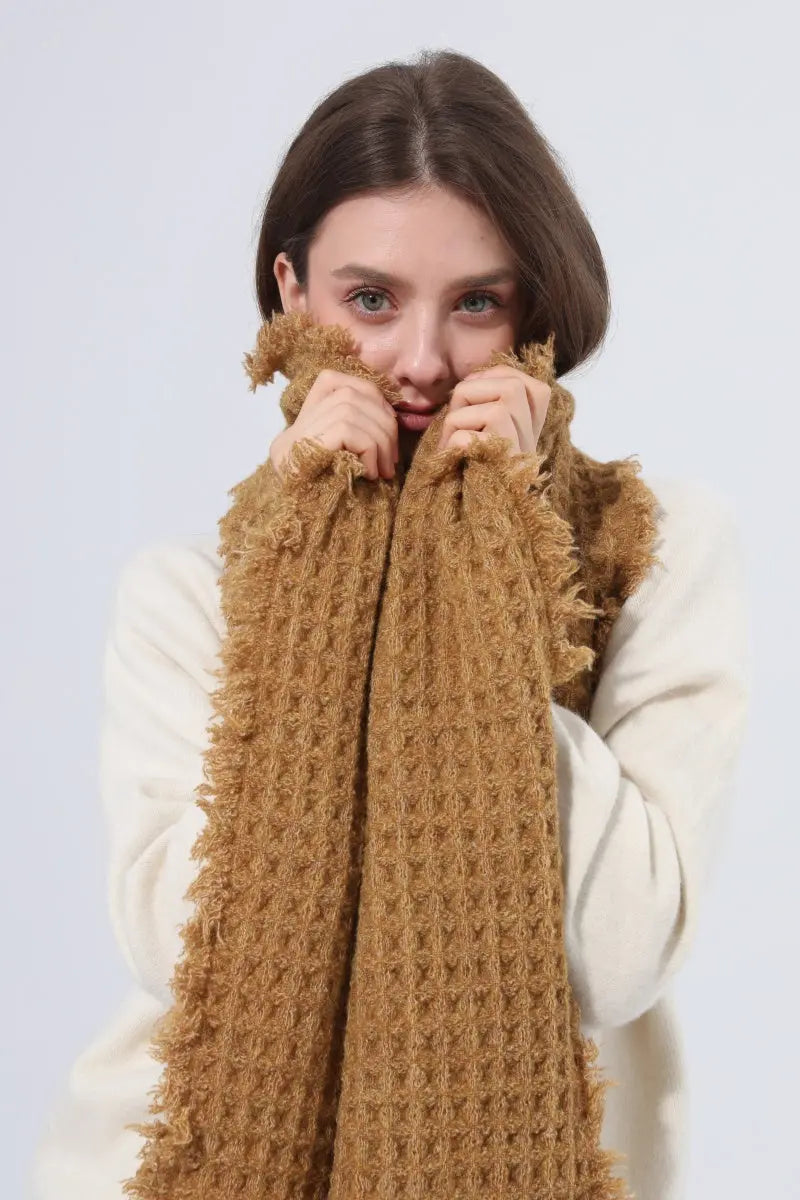 Women Waffle Knit Scarf Soft Fringe Solid Winter Shawl 🧶🤎 Leto Collection