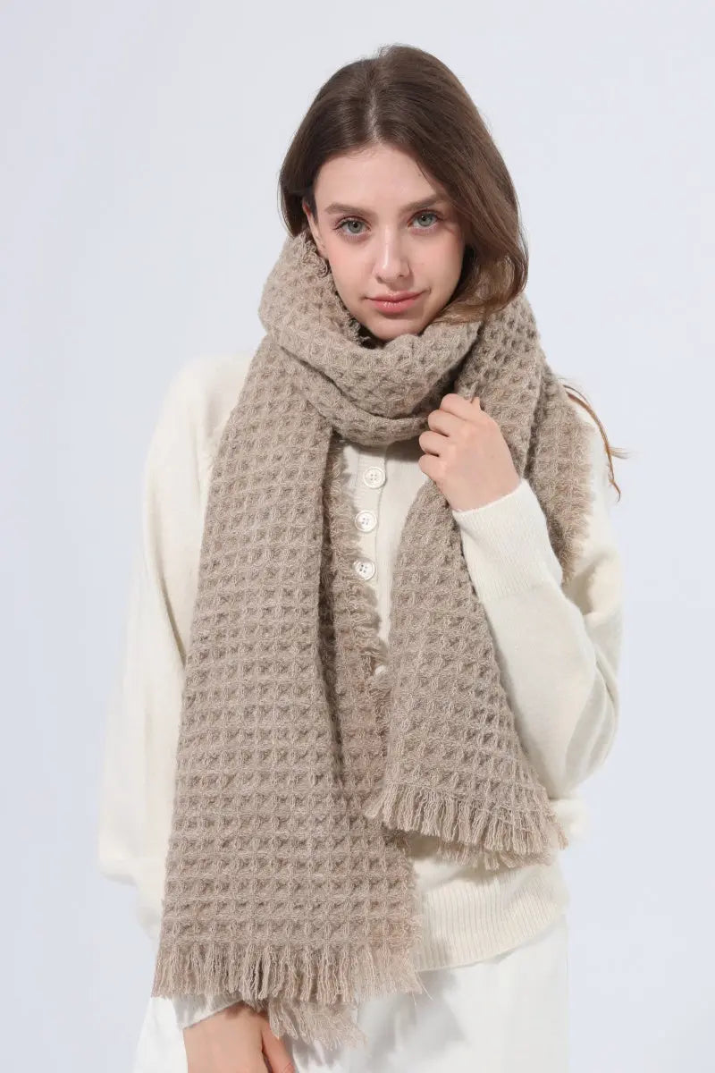 Women Waffle Knit Scarf Soft Fringe Solid Winter Shawl 🧶🤎 Leto Collection