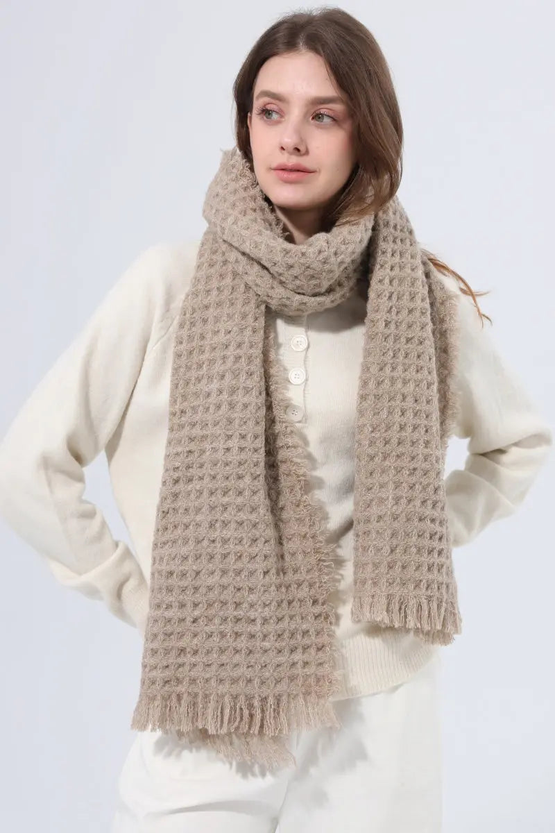 Women Waffle Knit Scarf Soft Fringe Solid Winter Shawl 🧶🤎 Leto Collection