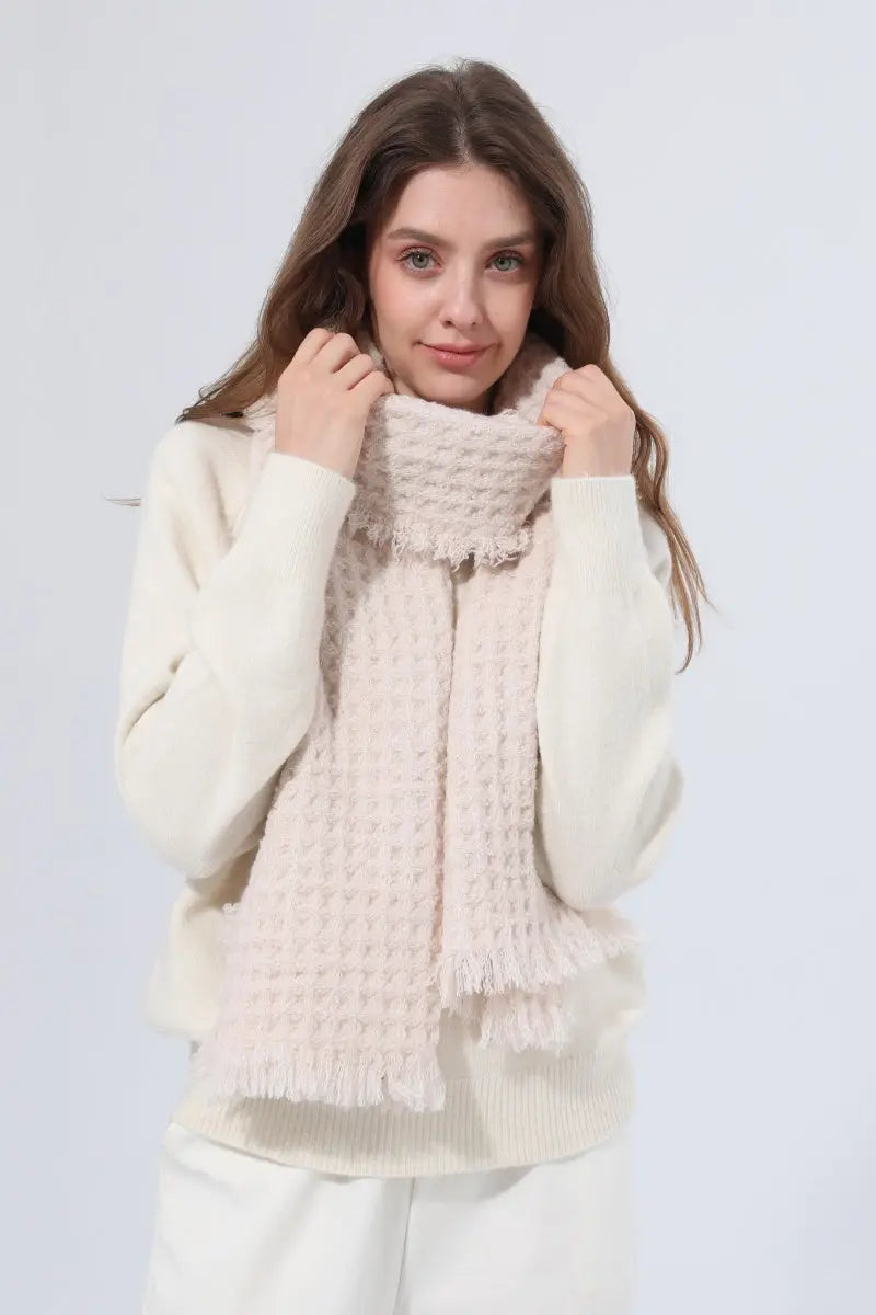 Women Waffle Knit Scarf Soft Fringe Solid Winter Shawl 🧶🤎 Leto Collection
