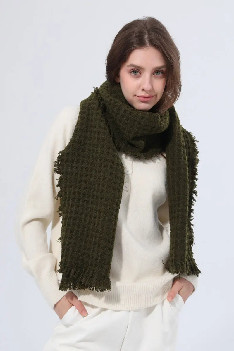 Women Waffle Knit Scarf Soft Fringe Solid Winter Shawl 🧶🤎 Leto Collection