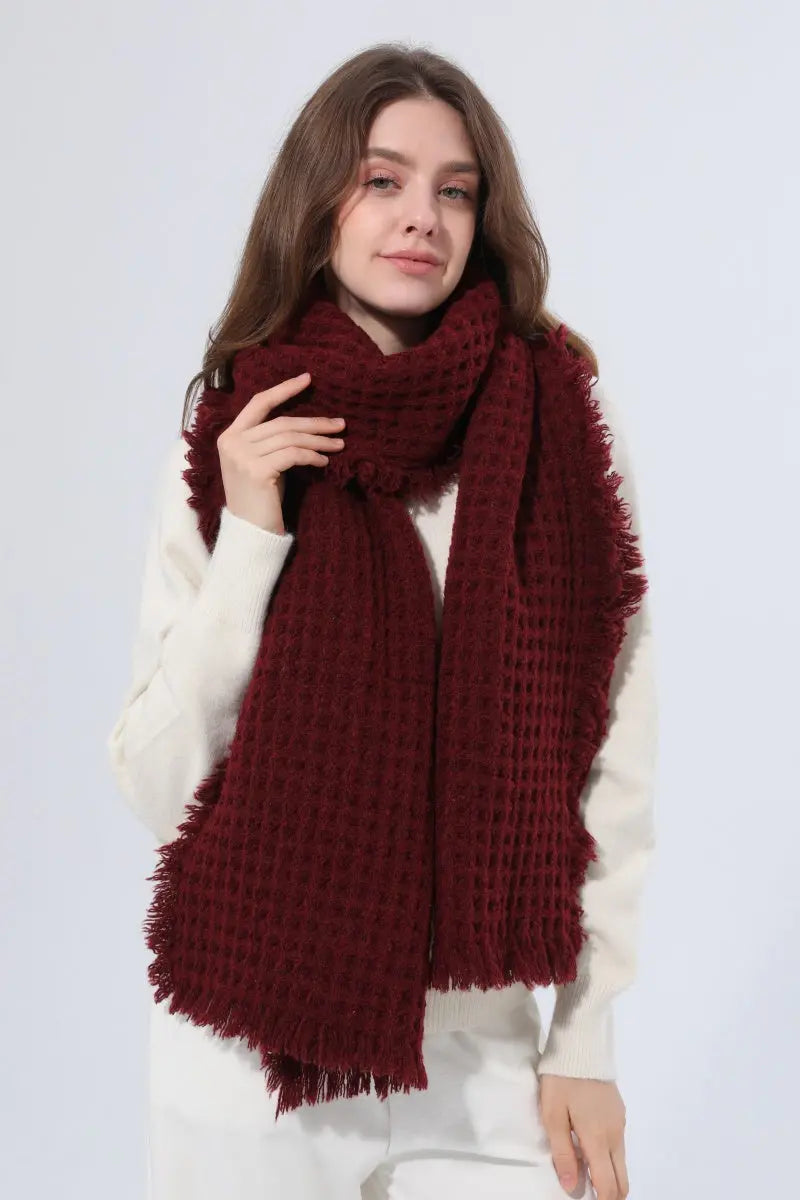 Women Waffle Knit Scarf Soft Fringe Solid Winter Shawl 🧶🤎 Leto Collection