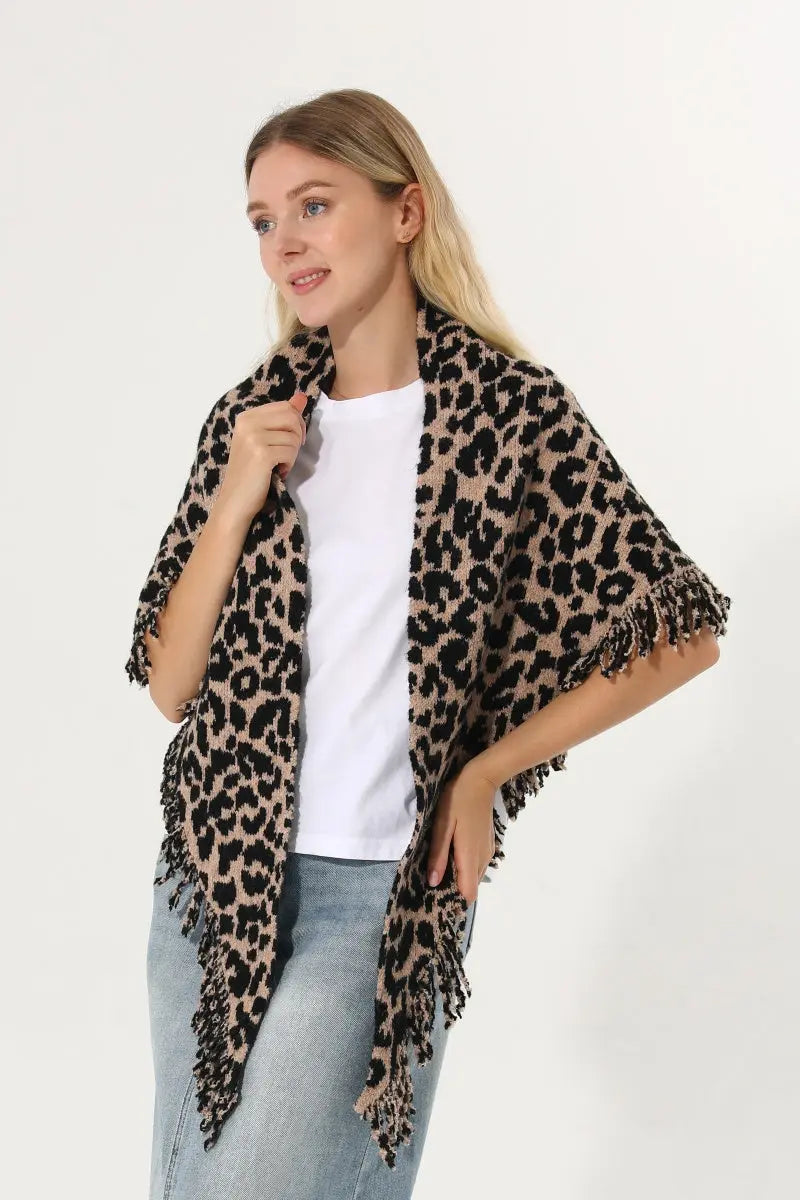 Leopard Knit Poncho Fringe Soft Warm Women Cape Shawl 🧶🐆 Leto Collection