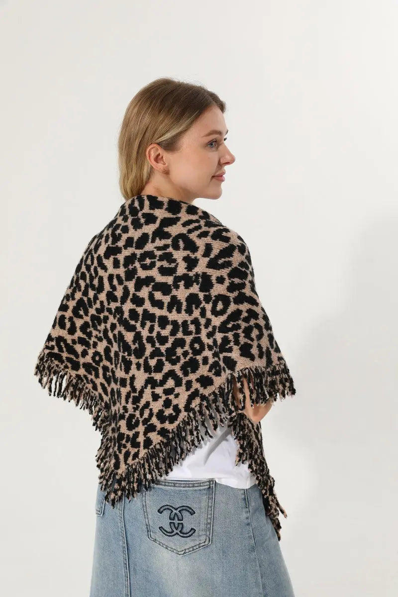 Leopard Knit Poncho Fringe Soft Warm Women Cape Shawl 🧶🐆 Leto Collection