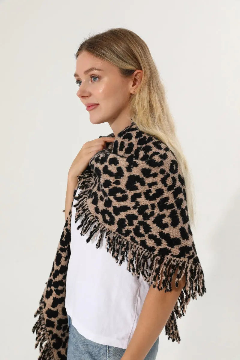 Leopard Knit Poncho Fringe Soft Warm Women Cape Shawl 🧶🐆 Leto Collection