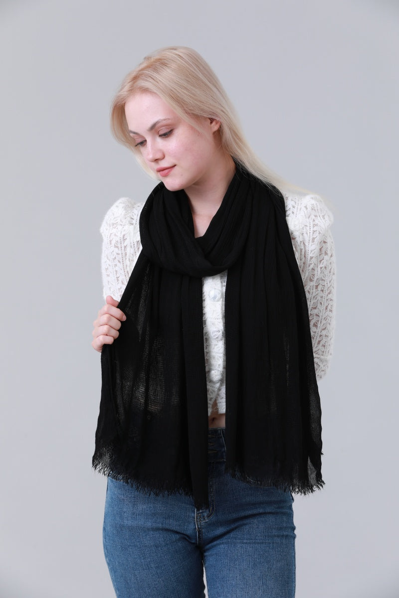 Solid Crinkle Fringe Women Long Scarf Leto Collection