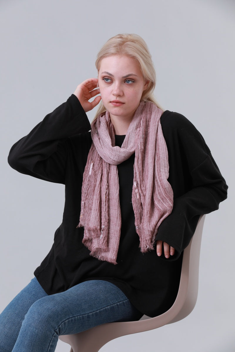Crinkled Long Scarf for Women with Sequin Decor and Fringe Edge Leto Collection