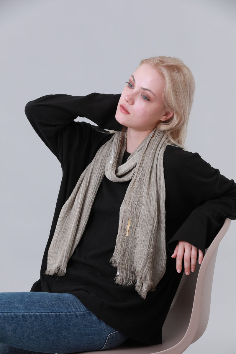 Crinkled Long Scarf for Women with Sequin Decor and Fringe Edge Leto Collection