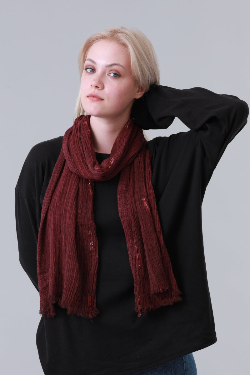 Crinkled Long Scarf for Women with Sequin Decor and Fringe Edge Leto Collection