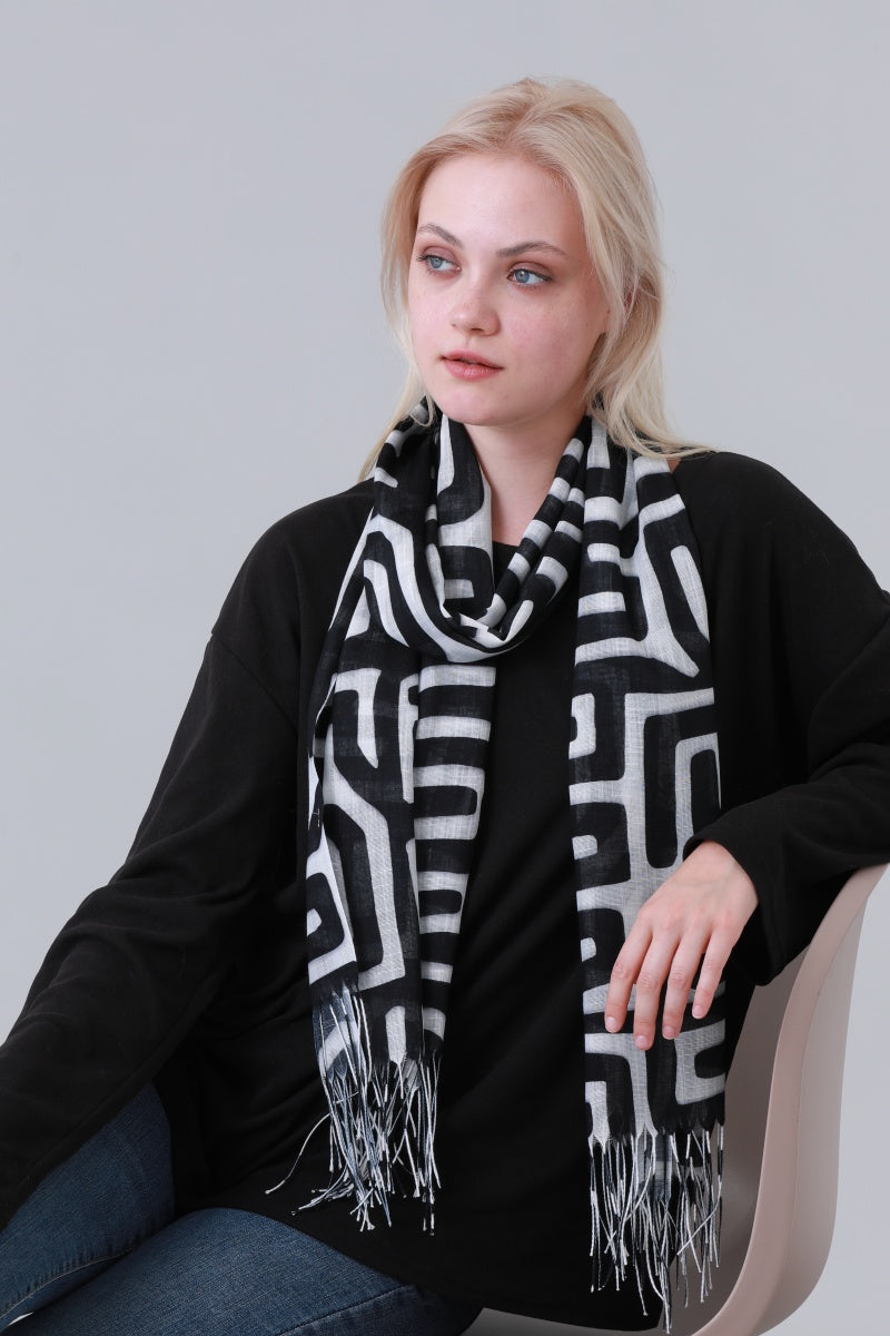 Geometric Print Long Scarf Tassel Fringe Women Shawl Wrap Leto Collection