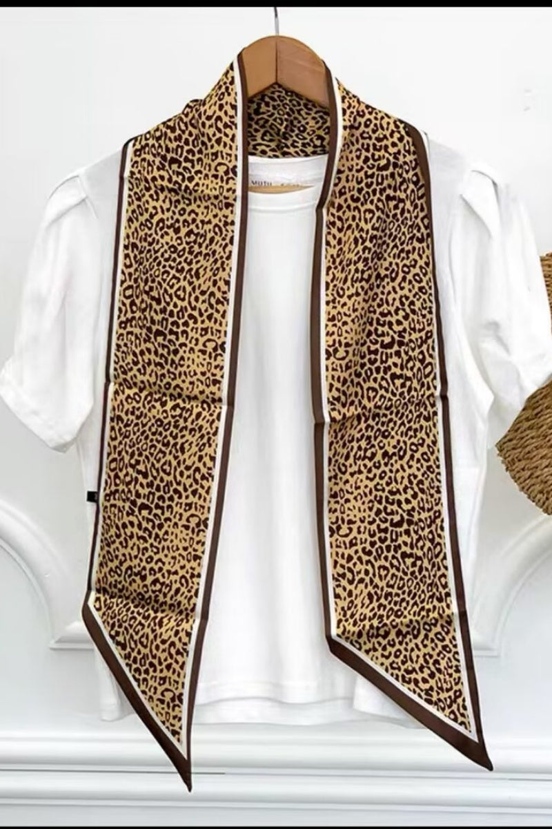 Leopard Print Skinny Satin Scarf for Women Leto Collection