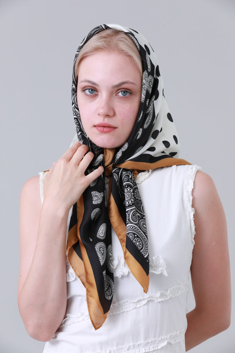 Women Stylish Satin Scarf with Paisley Dot Patchwork Motif Leto Collection