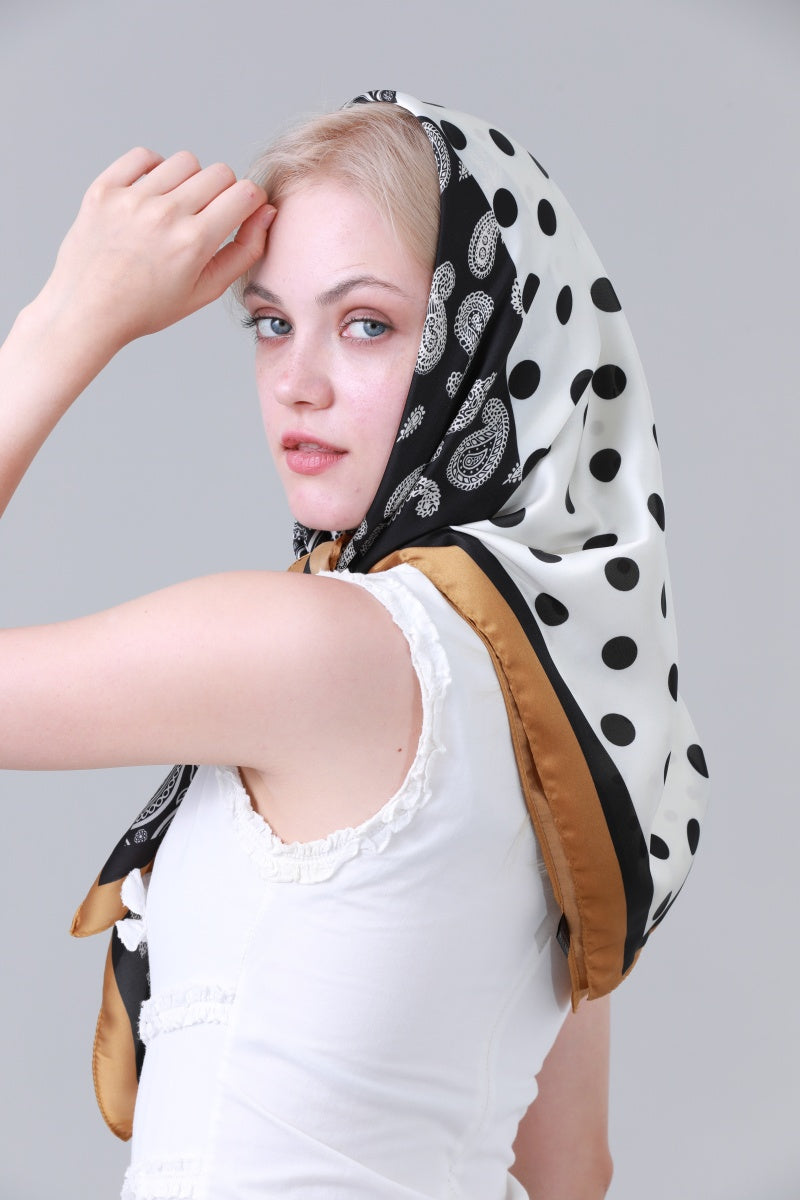 Women Stylish Satin Scarf with Paisley Dot Patchwork Motif Leto Collection