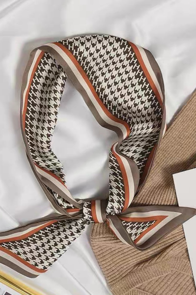 Women Narrow Decor Satin Scarf with Classic Houndstooth Trim Leto Collection