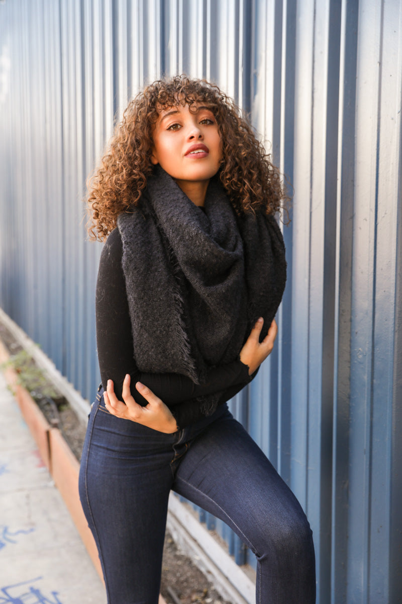 Black mohair square scarf from Leto Collection with soft, plush texture and stylish design, perfect for versatile fashion accessories.