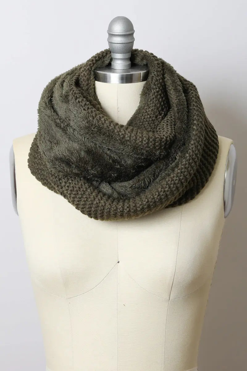 Olive green knit infinity scarf by Leto Collection, soft and cozy in a seamless loop, perfect for winter outfits.