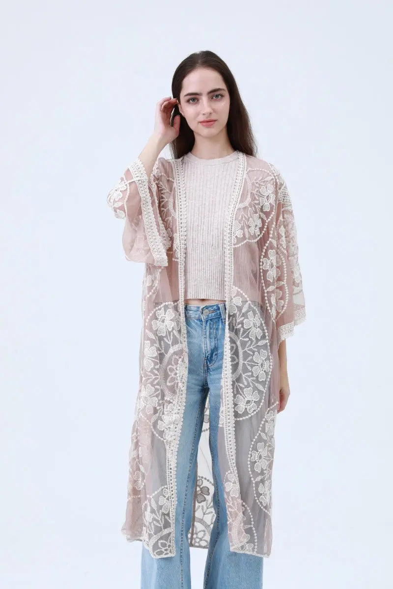 Leto Collection contrast mesh cotton lace kimono with delicate sheer fabric and intricate lace detailing.