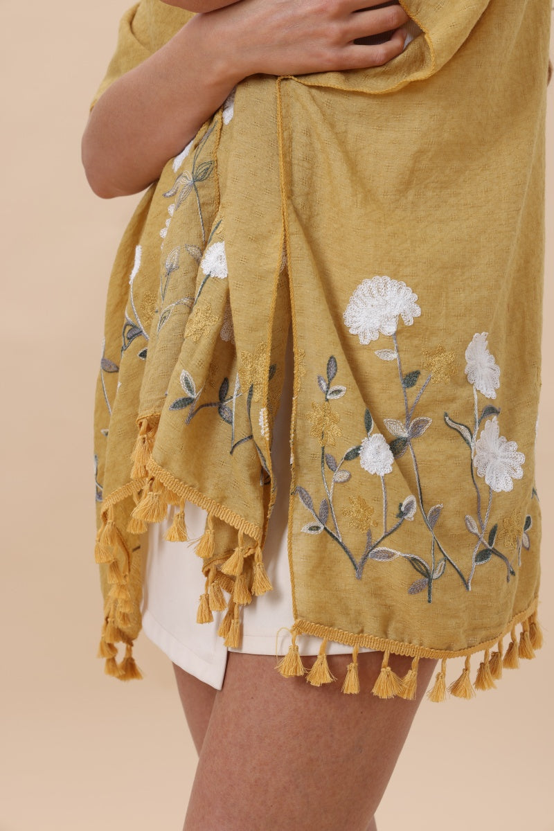 Floral Embroidered Tassel Hem Kimono Cardigan