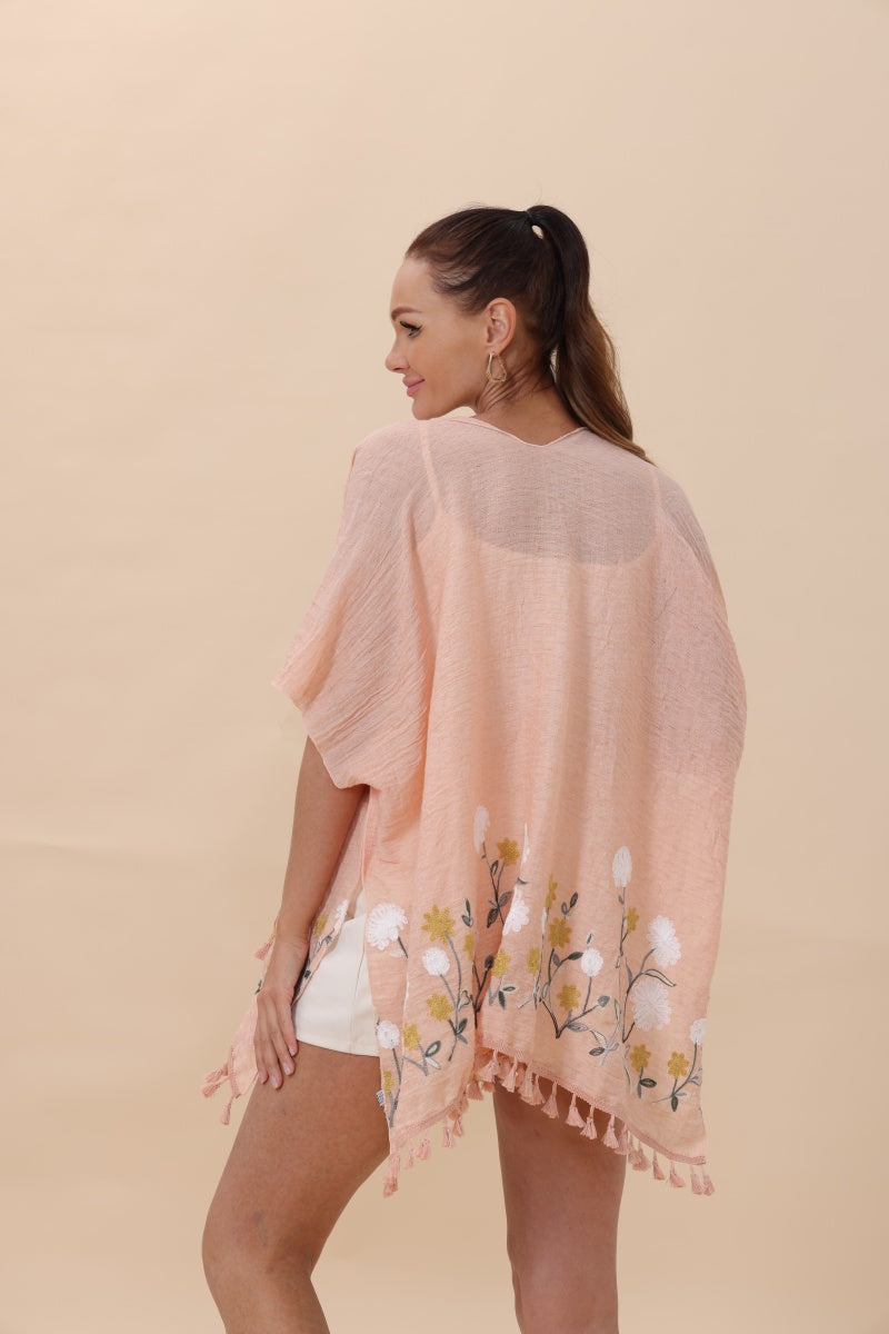 Floral Embroidered Tassel Hem Kimono Cardigan