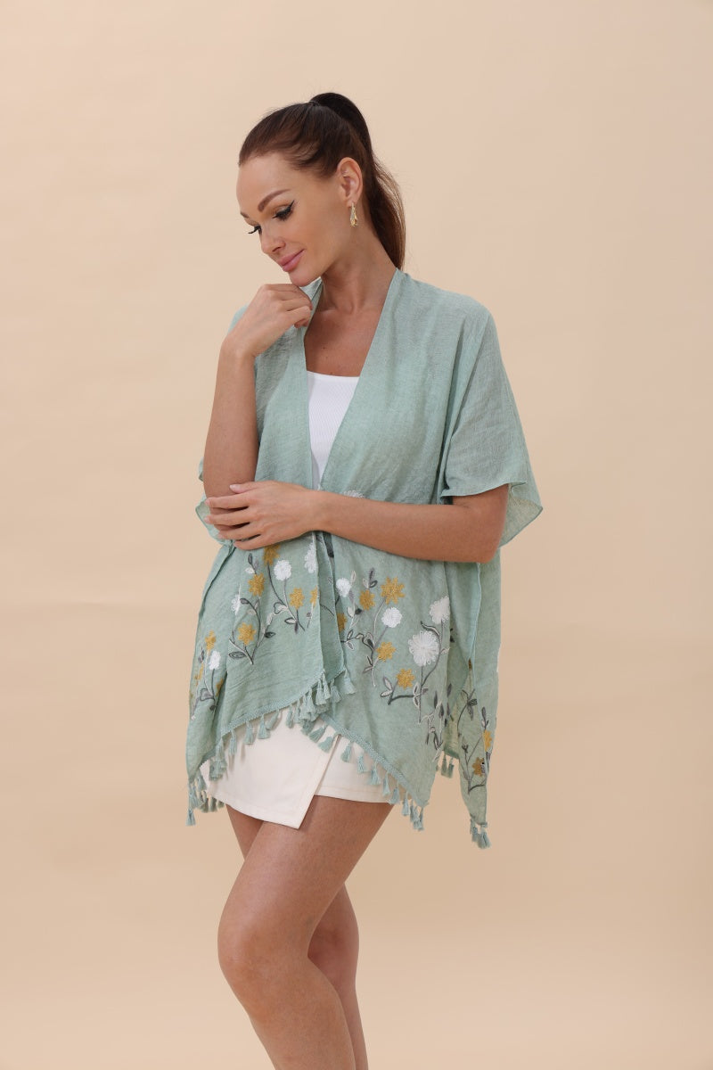 Floral Embroidered Tassel Hem Kimono Cardigan