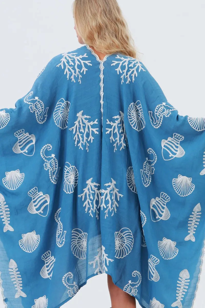 Seahorse Coral Seashell Embroidered Kimono – Ocean Breeze Cover-Up 🌊🐚 Leto Collection