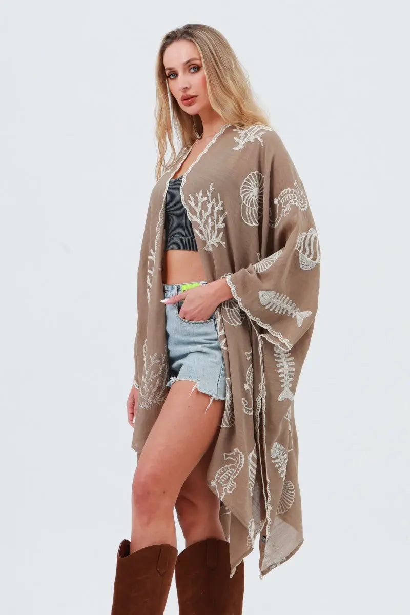 Seahorse Coral Seashell Embroidered Kimono – Ocean Breeze Cover-Up 🌊🐚 Leto Collection