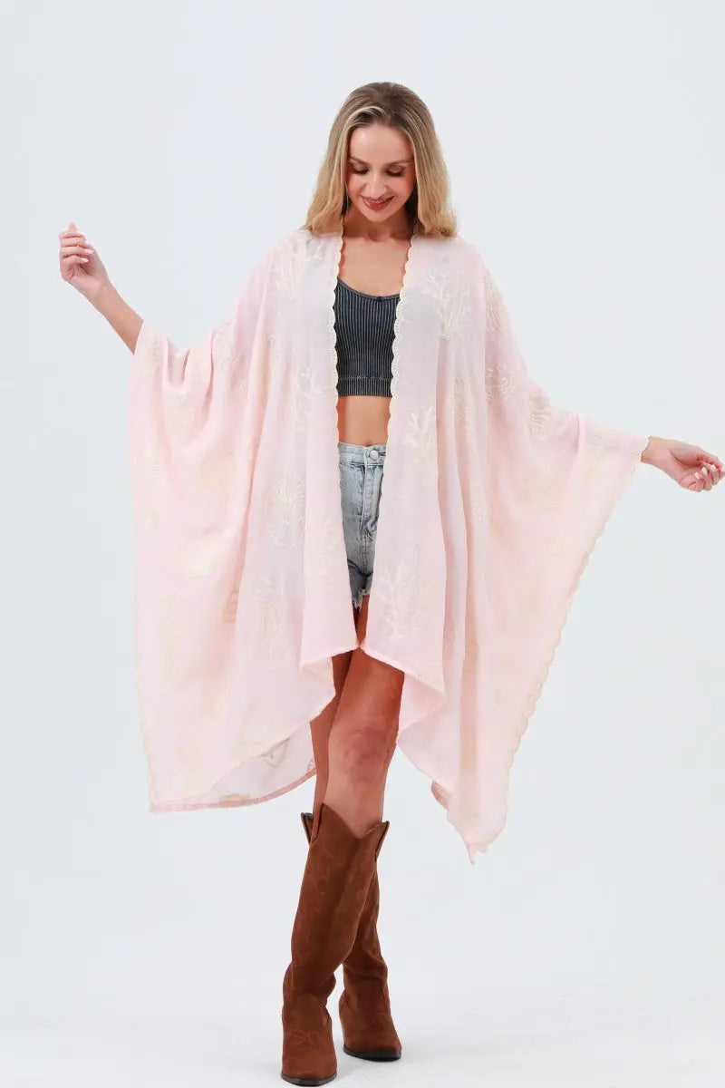Seahorse Coral Seashell Embroidered Kimono – Ocean Breeze Cover-Up 🌊🐚 Leto Collection