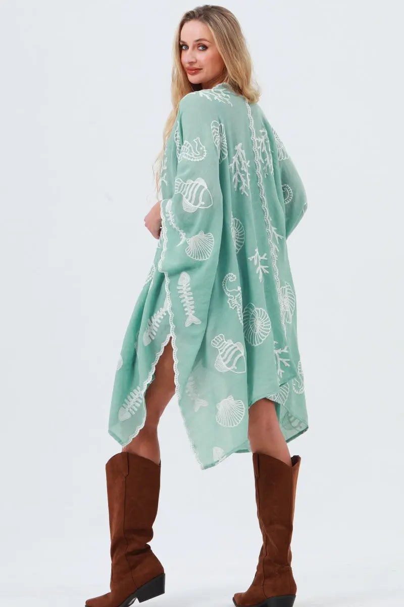 Seahorse Coral Seashell Embroidered Kimono – Ocean Breeze Cover-Up 🌊🐚 Leto Collection